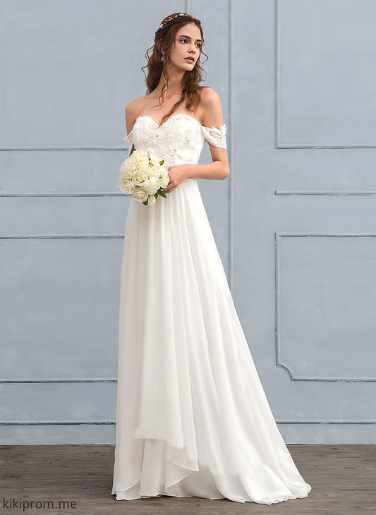 Sweep Dress Flower(s) A-Line Wedding Dresses Thelma Chiffon With Train Beading Off-the-Shoulder Lace Wedding