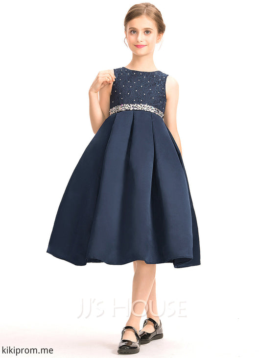 With Beading Scoop A-Line Bow(s) Junior Bridesmaid Dresses Ariana Satin Neck Lace Knee-Length