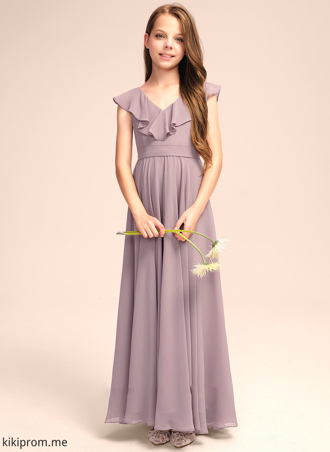 With Chiffon Evangeline Cascading Junior Bridesmaid Dresses Ruffles A-Line Floor-Length V-neck