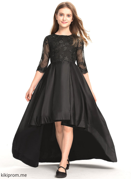 A-Line Sleeves Lace Flower 3/4 With Neck Scoop Dress Satin - Girl Anika Asymmetrical Flower Girl Dresses