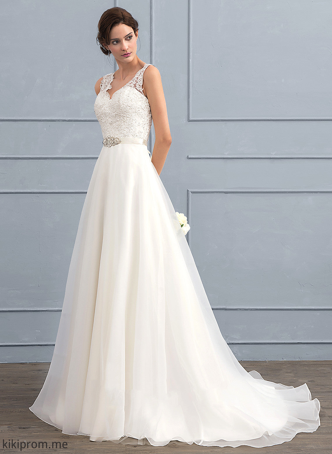 V-neck Organza Faith Train A-Line Lace Wedding Dresses Sweep Beading Bow(s) Dress With Wedding