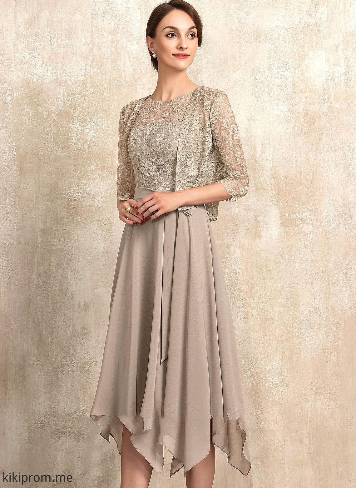 the Bow(s) Mother of the Bride Dresses Scoop Mother Lace Tea-Length With of Ashlee Neck Dress Chiffon Bride A-Line