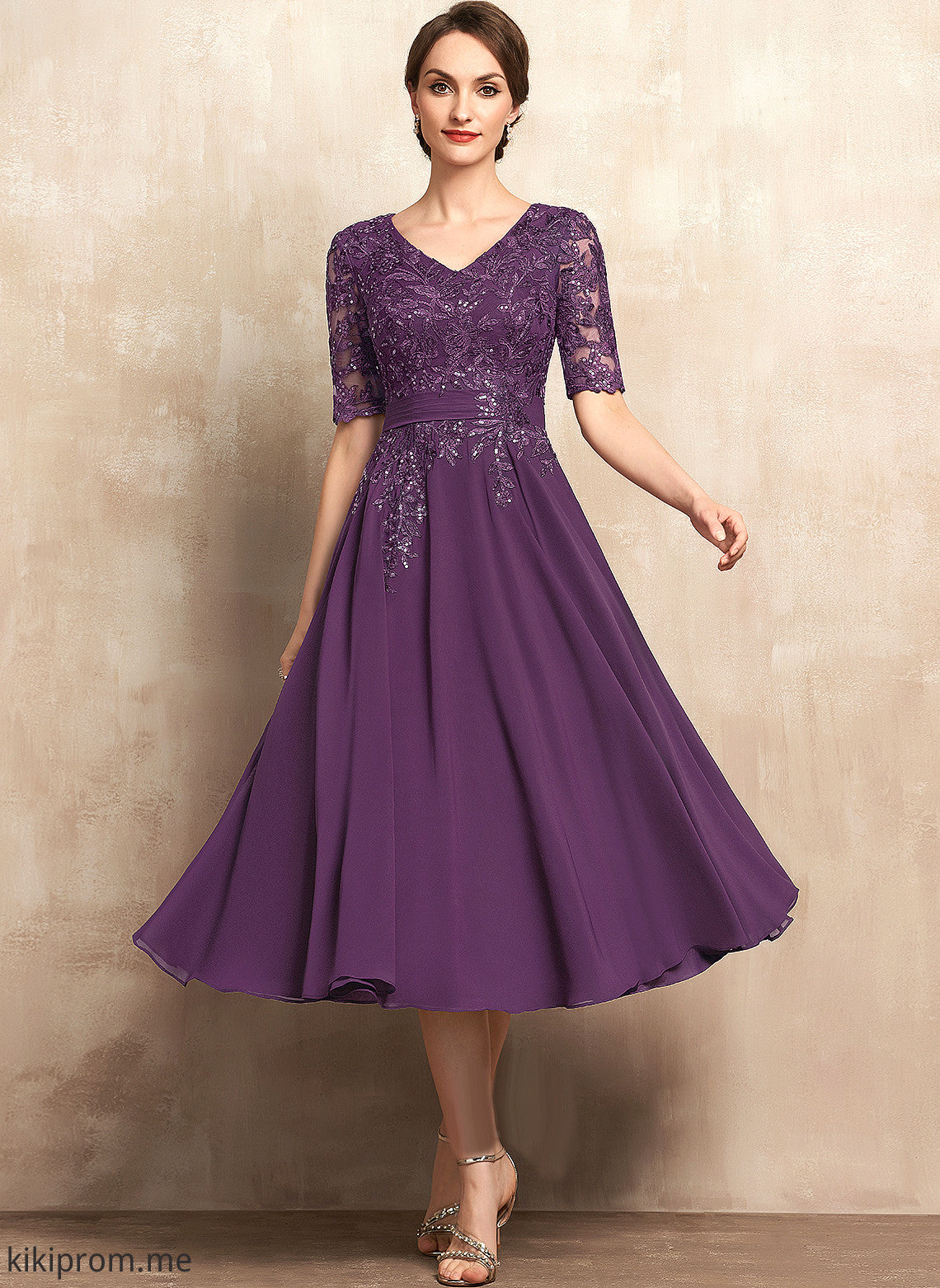 of Sequins Tea-Length V-neck Mother Mother of the Bride Dresses the Chiffon Adrienne A-Line Bride With Lace Dress