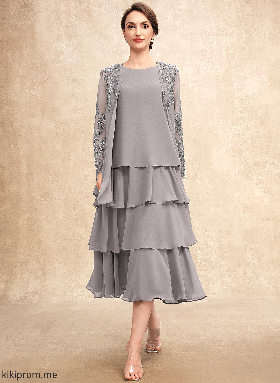 Dress Tea-Length the A-Line Cascading Mother of Neck Chiffon Scoop With Mother of the Bride Dresses Ayana Bride Ruffles