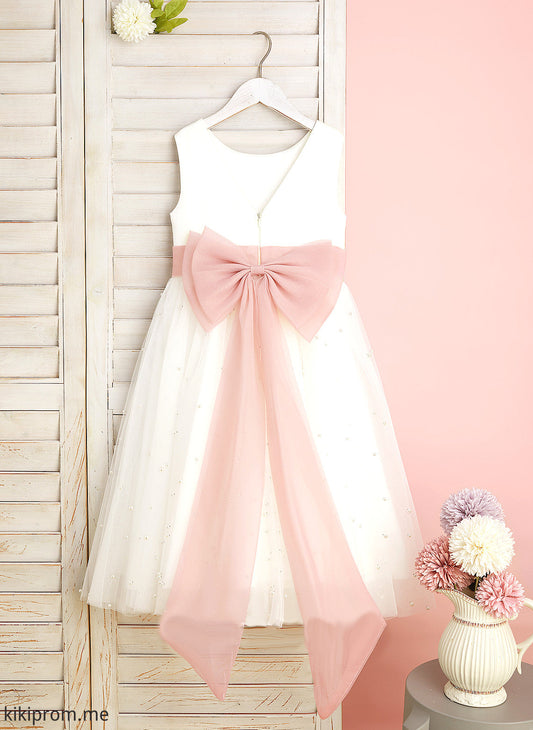 Flower Girl Dresses Sash/Bow(s)/V Back With - Sleeveless Flower Dress Tea-length Jaylyn Satin/Tulle Scoop Neck A-Line Girl