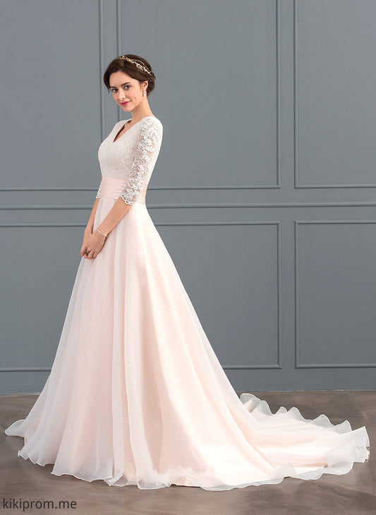 With Ball-Gown/Princess Court Livia Wedding Train Ruffle V-neck Organza Wedding Dresses Lace Dress