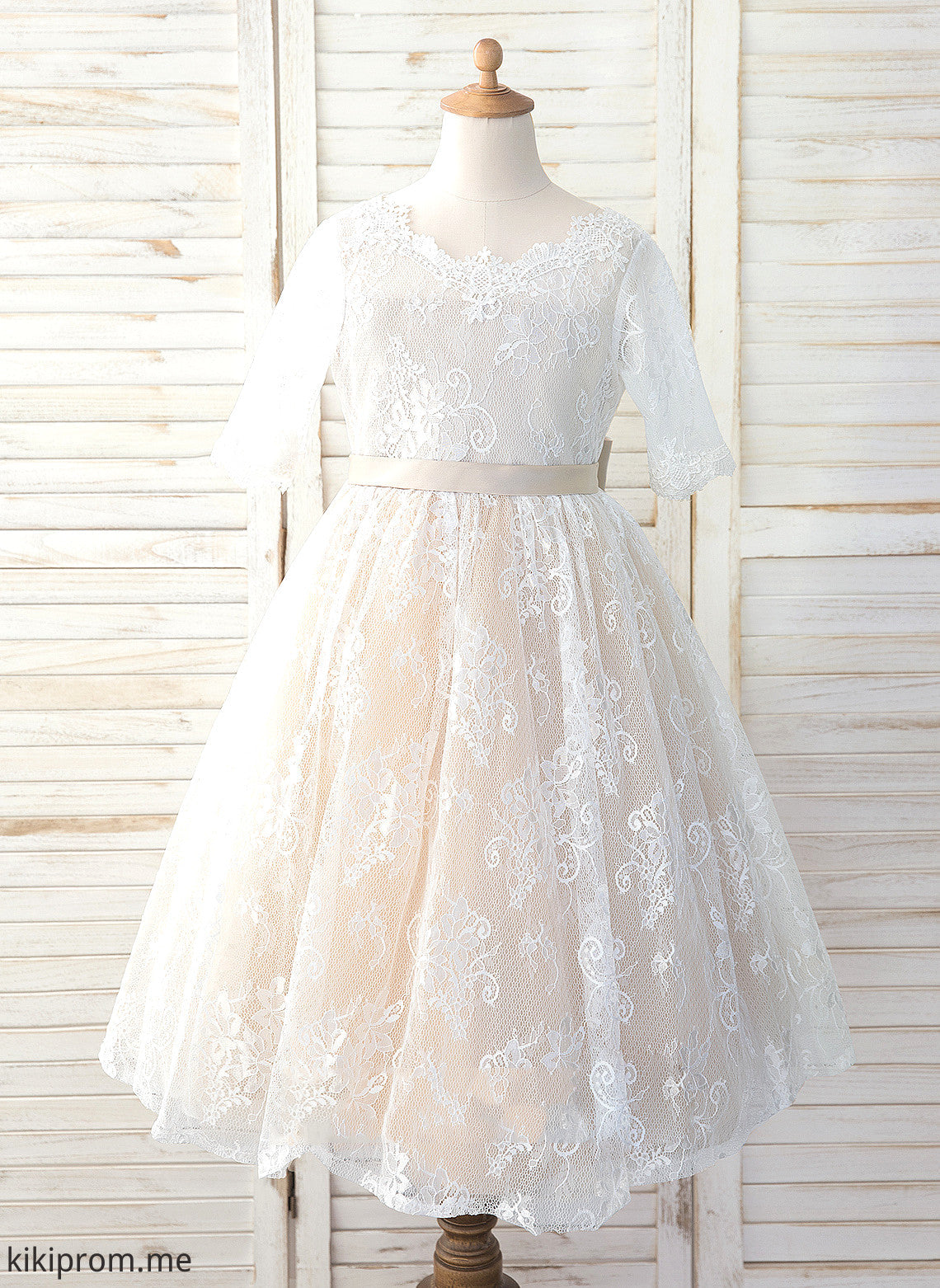 Neck Flower Girl A-Line Dixie Bow(s) With Sleeves Dress - 3/4 Scoop Tea-length Tulle/Lace Flower Girl Dresses