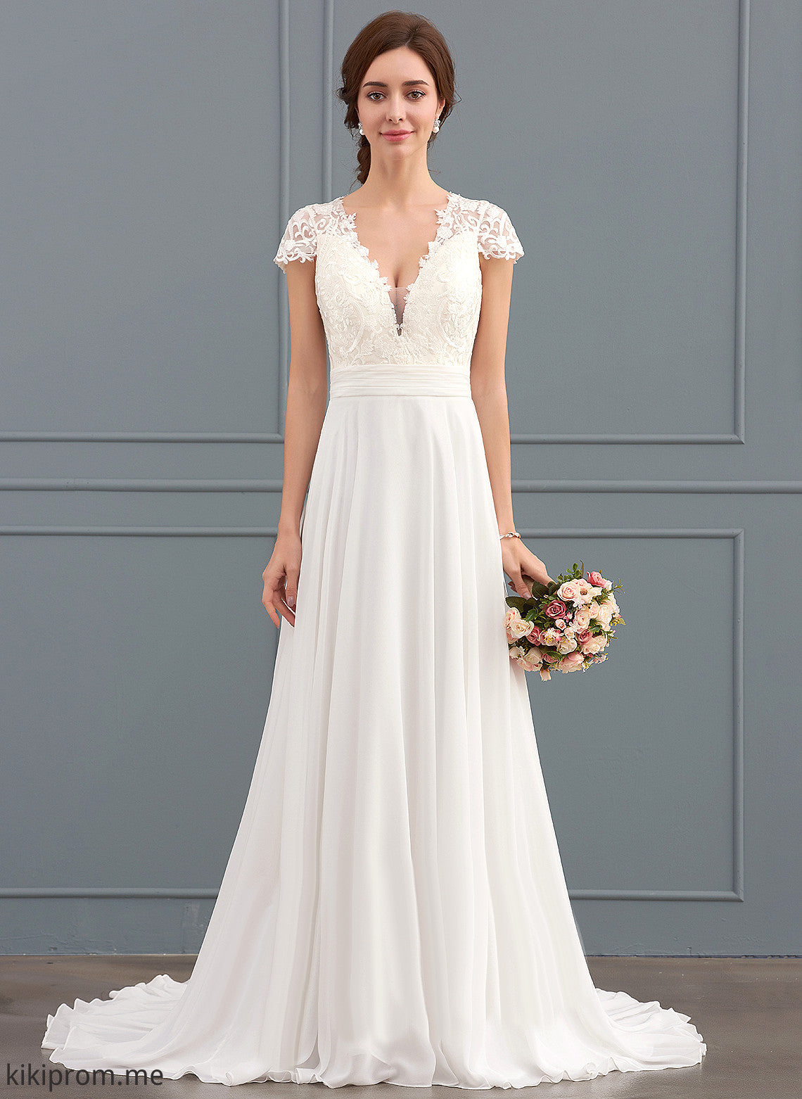 Chiffon Lace Ruffle V-neck Wedding Dresses Dress Abbigail Train Sweep Wedding A-Line With