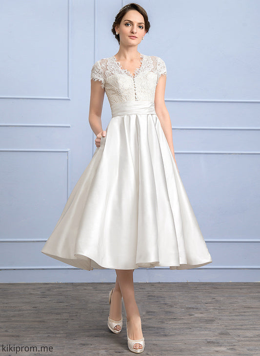 A-Line Tea-Length Satin V-neck Ruffle Wedding Lace With Dress Mayra Wedding Dresses