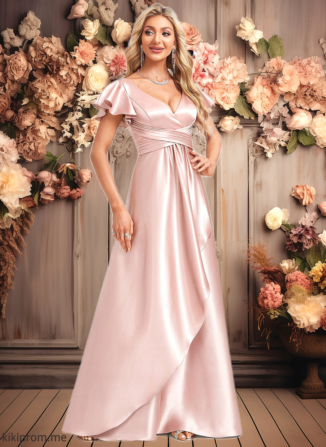 Uerica A-line V-Neck Floor-Length Stretch Satin Bridesmaid Dress With Ruffle HFP0025787