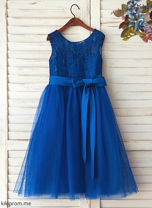 A-Line Satin/Tulle/Lace Girl Scoop Flower Girl Dresses Flower Dress - Muriel Neck Tea-length Sleeveless