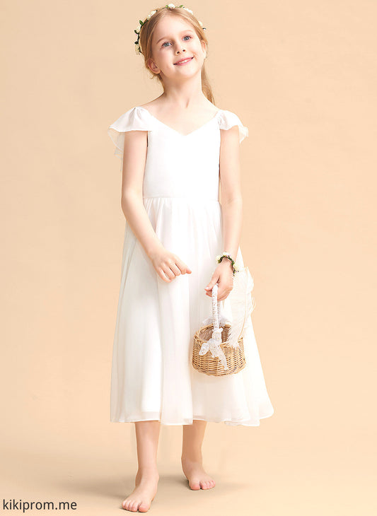 Chiffon/Satin Girl - Terri V-neck Flower Flower Girl Dresses Sleeveless A-Line Dress Tea-length