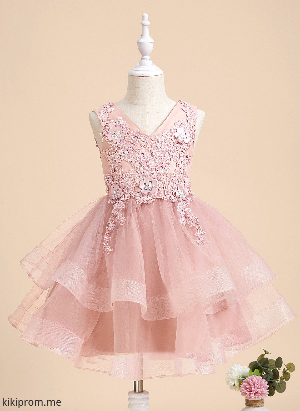 Flower Girl Dresses Sleeveless Beading/Flower(s)/Sequins Tulle/Lace Dress - V-neck With Flower A-Line Knee-length Jaylene Girl