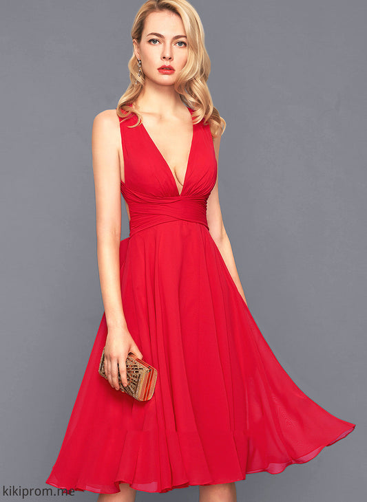 With Cocktail Cocktail Dresses Chiffon Crystal Ruffle Dress A-Line Bow(s) V-neck Knee-Length