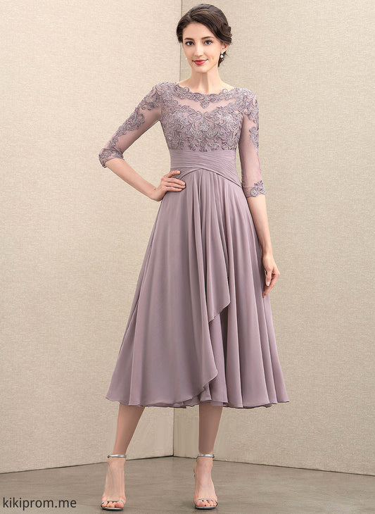 Lace the of Tea-Length Scoop Ruffles Mother of the Bride Dresses Cascading A-Line Neck Bride Ryann Chiffon With Mother Dress