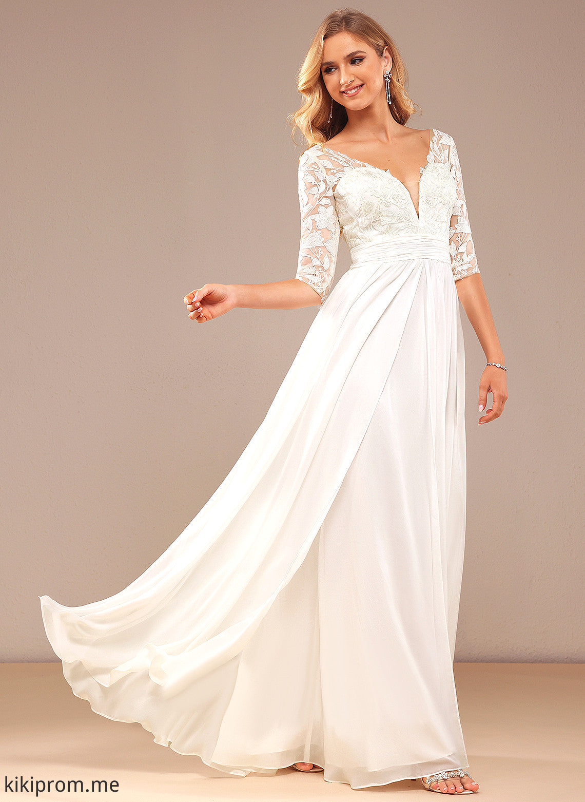 Floor-Length Ruffle Wedding A-Line Dress Claire Lace With V-neck Wedding Dresses Chiffon Sequins Lace