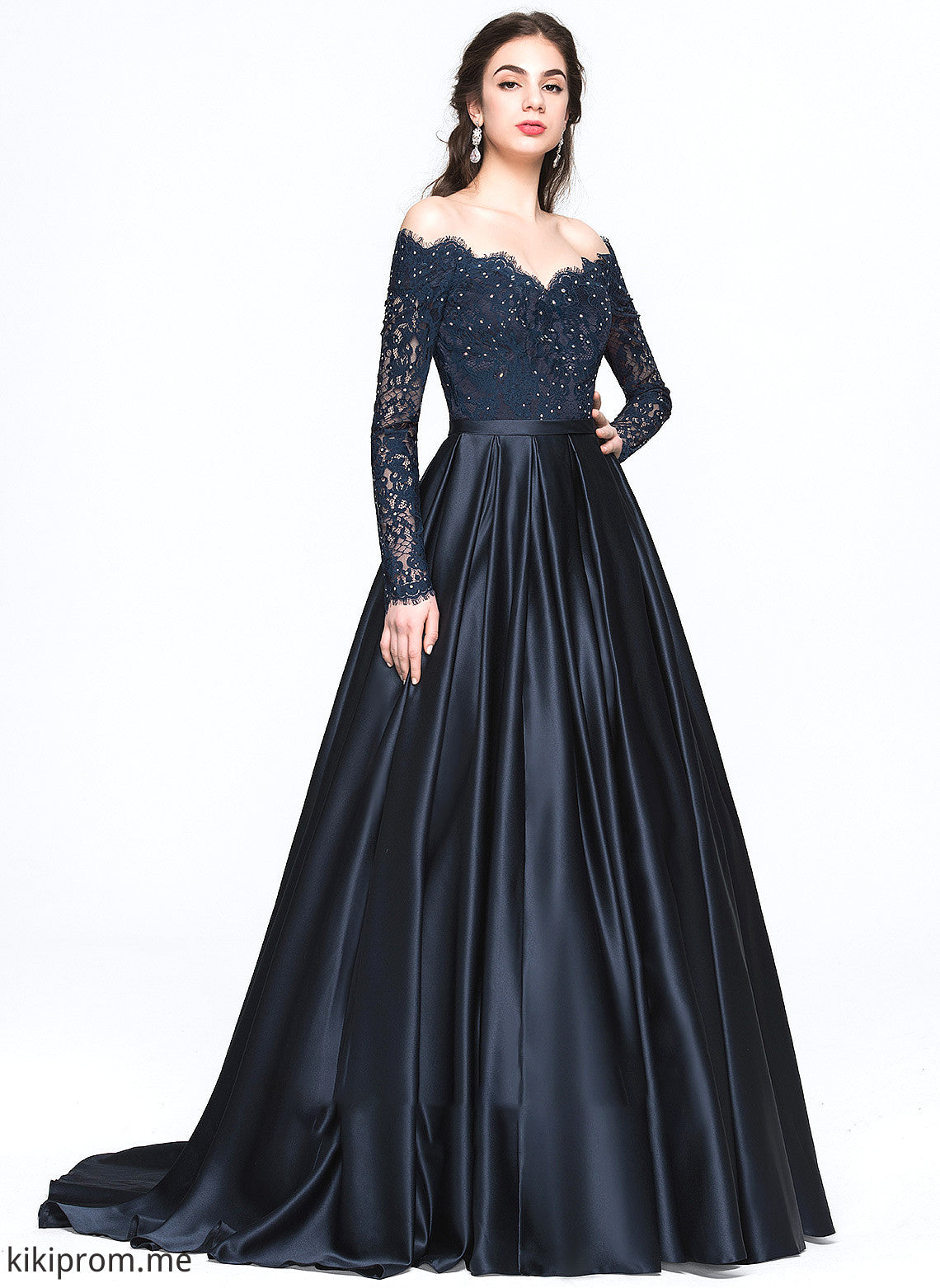 With Prom Dresses Beading Satin Train Ball-Gown/Princess Averie Off-the-Shoulder Sweep