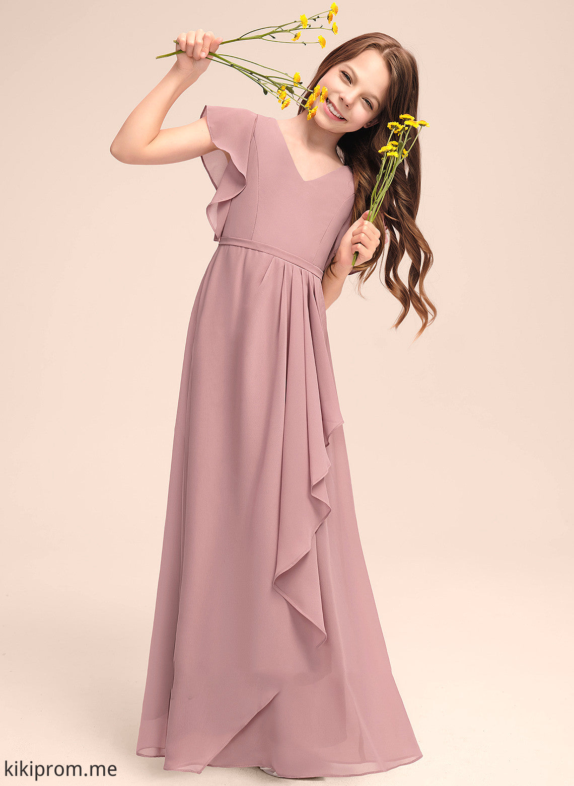 With Junior Bridesmaid Dresses V-neck Maud Chiffon Cascading Ruffles A-Line Floor-Length