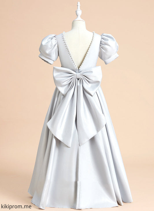 Ball-Gown/Princess Satin Neck Scoop With Dress Flower Girl Dresses Girl Short Sleeves - Floor-length Bow(s) Vicky Flower