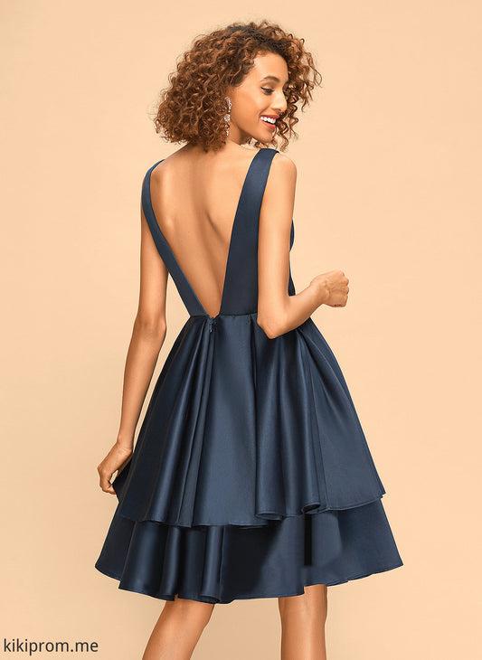 Melody A-Line Homecoming Dresses Dress V-neck Knee-Length Satin Homecoming