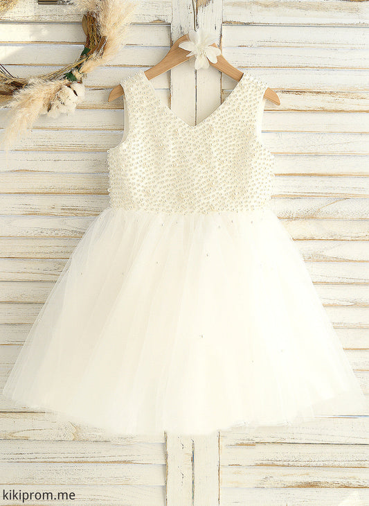 With Satin/Tulle Flower Girl Dresses Amy Knee-length Dress Girl Sleeveless Beading Flower A-Line V-neck -