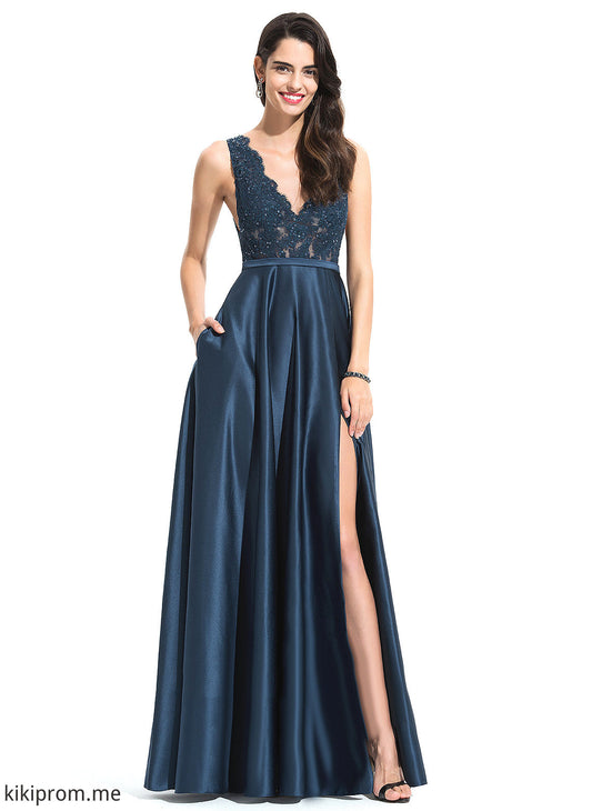 With Lace Raina Prom Dresses Satin A-Line Sequins V-neck Floor-Length