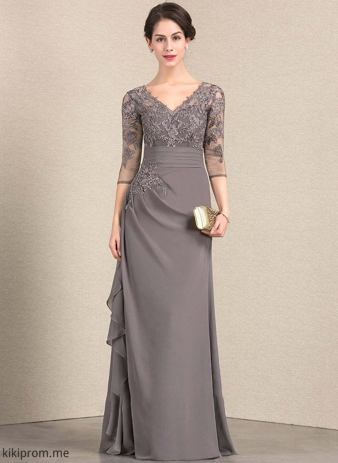 Chiffon V-neck Floor-Length of Julianne Mother of the Bride Dresses Lace the Ruffles A-Line Dress With Bride Cascading Mother