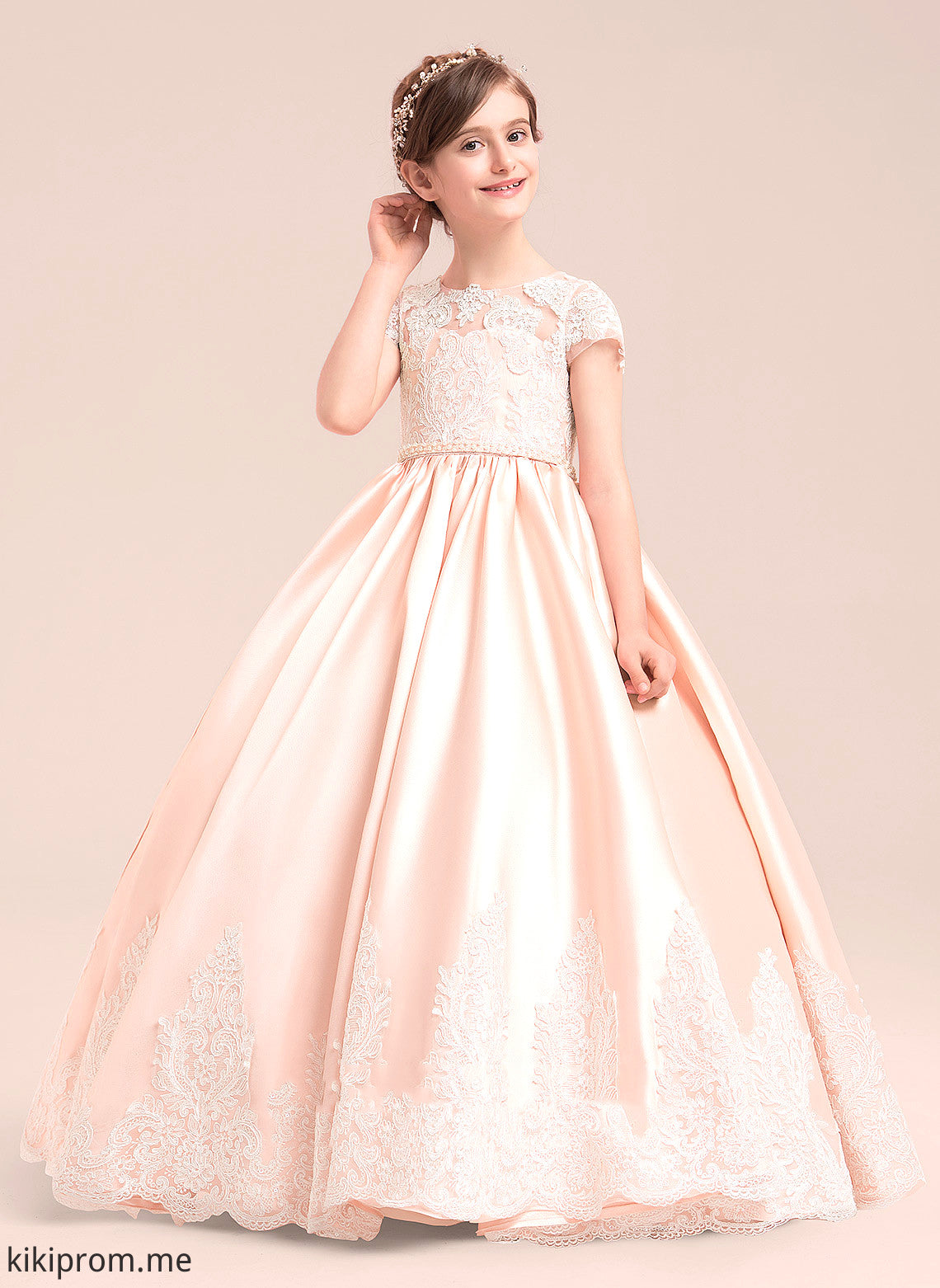 Satin/Tulle/Lace Philippa (Petticoat With Ball Dress Floor-length NOT included) Girl Short Gown - Sleeves Flower Beading Scoop Neck Flower Girl Dresses