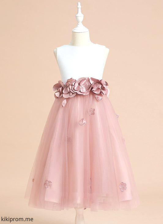 Girl Dress Satin/Tulle Sleeveless Alondra A-Line Neck Tea-length Flower Girl Dresses Scoop Flower With - Flower(s)/Bow(s)