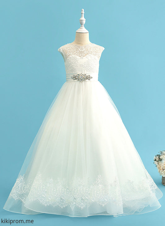 Neck Satin/Tulle/Lace Sweep With Flower Girl Dresses Ball-Gown/Princess Flower - Train Dress Beading Girl Scoop Sleeveless Abigayle