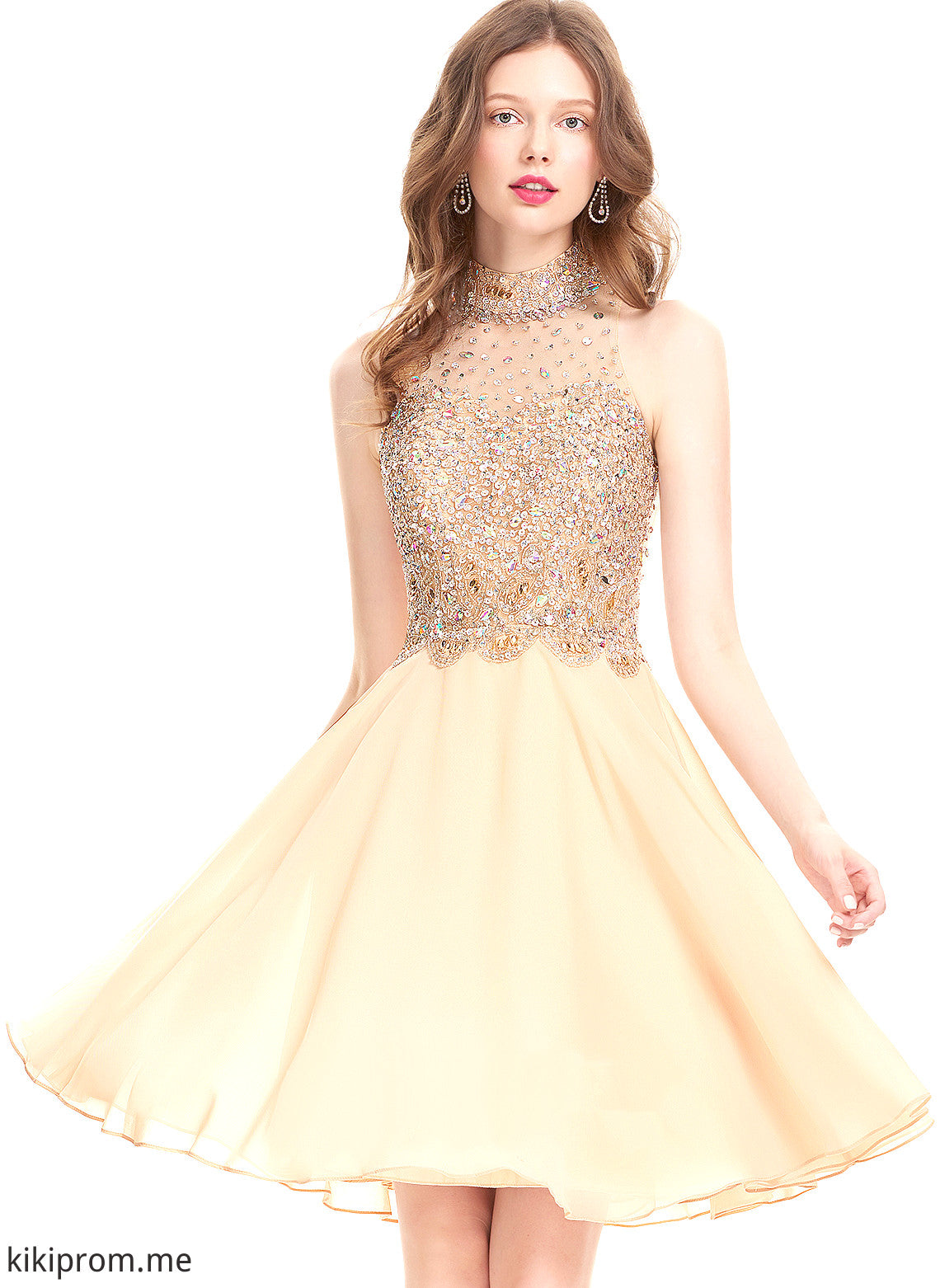 With Neck Dress A-Line Homecoming Dresses Chiffon Scoop Beading Kennedy Homecoming Sequins Knee-Length