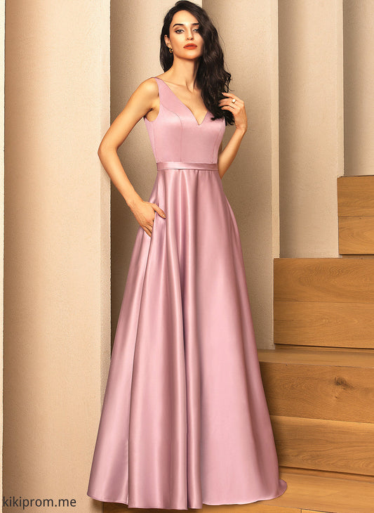 Addison Satin V-neck Floor-Length Prom Dresses Ball-Gown/Princess Pockets With