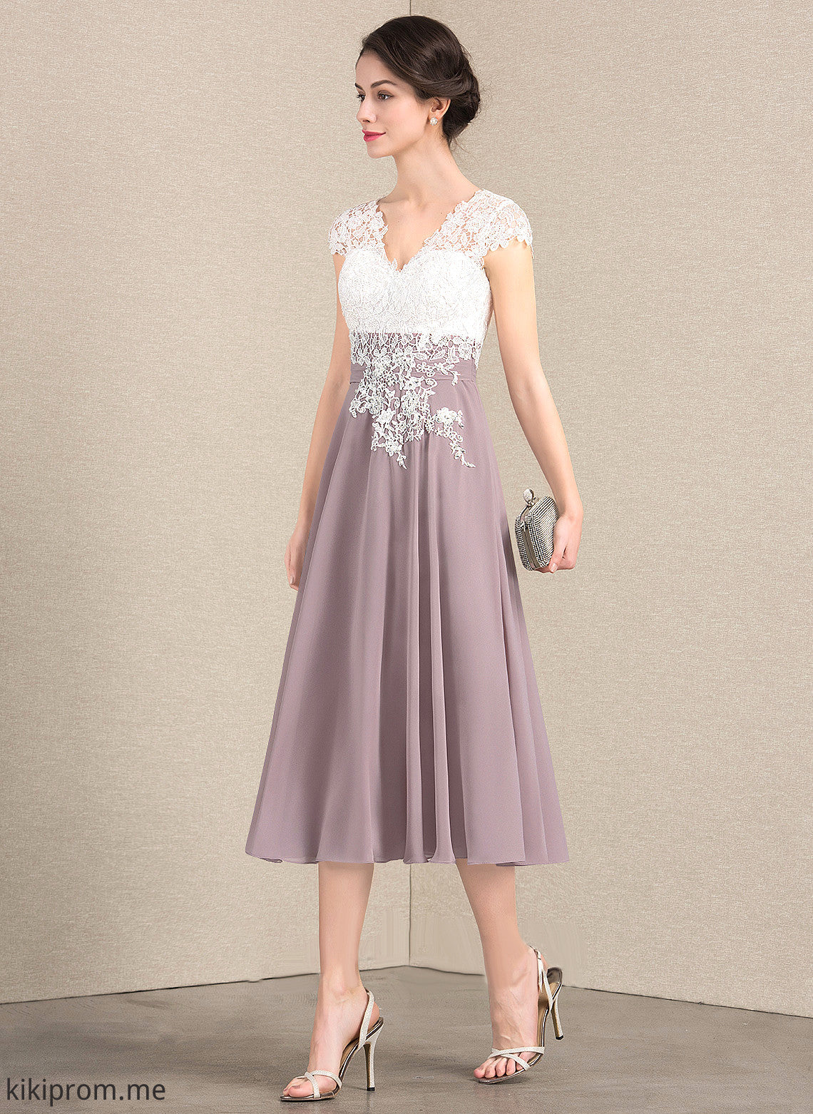 Mother Tea-Length V-neck A-Line Mother of the Bride Dresses of Bride Makena Chiffon Dress the Lace