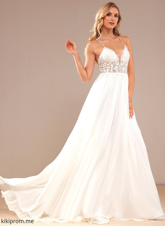 Beading A-Line Lace Kierra Dress Chiffon Wedding With Wedding Dresses Sequins Train V-neck Sweep