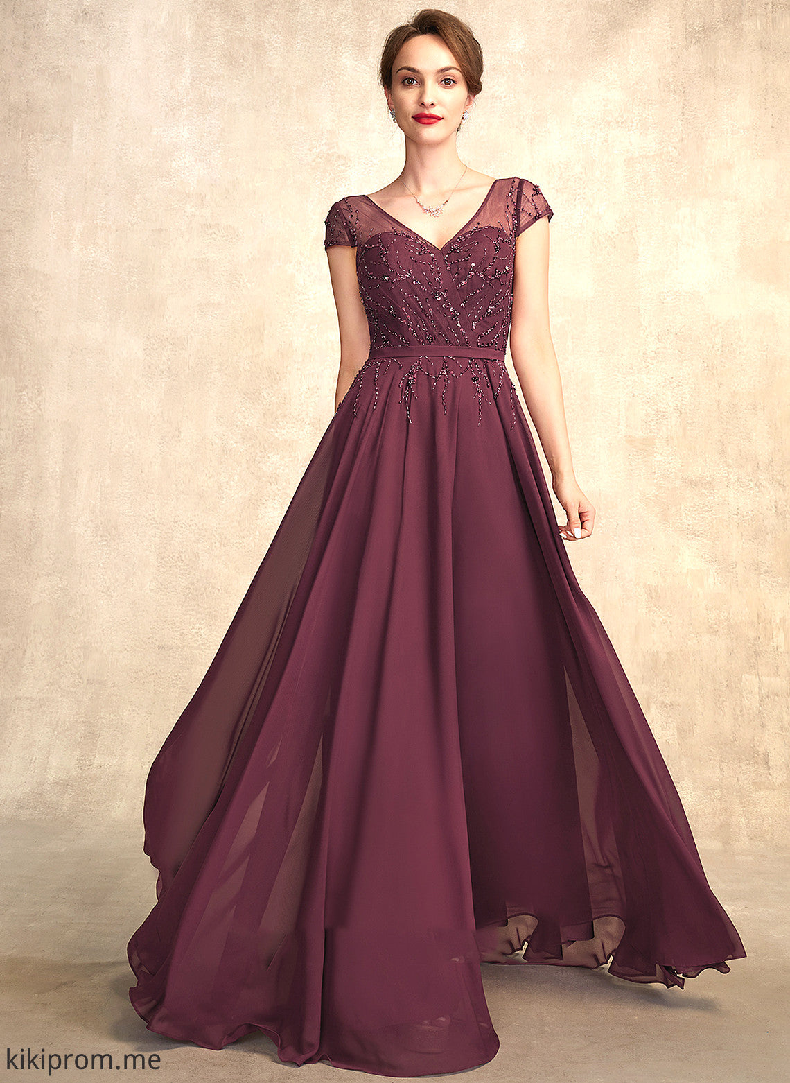 of Beading Floor-Length A-Line Mother of the Bride Dresses Chiffon With V-neck Dress the Mother Morgan Bride Sequins