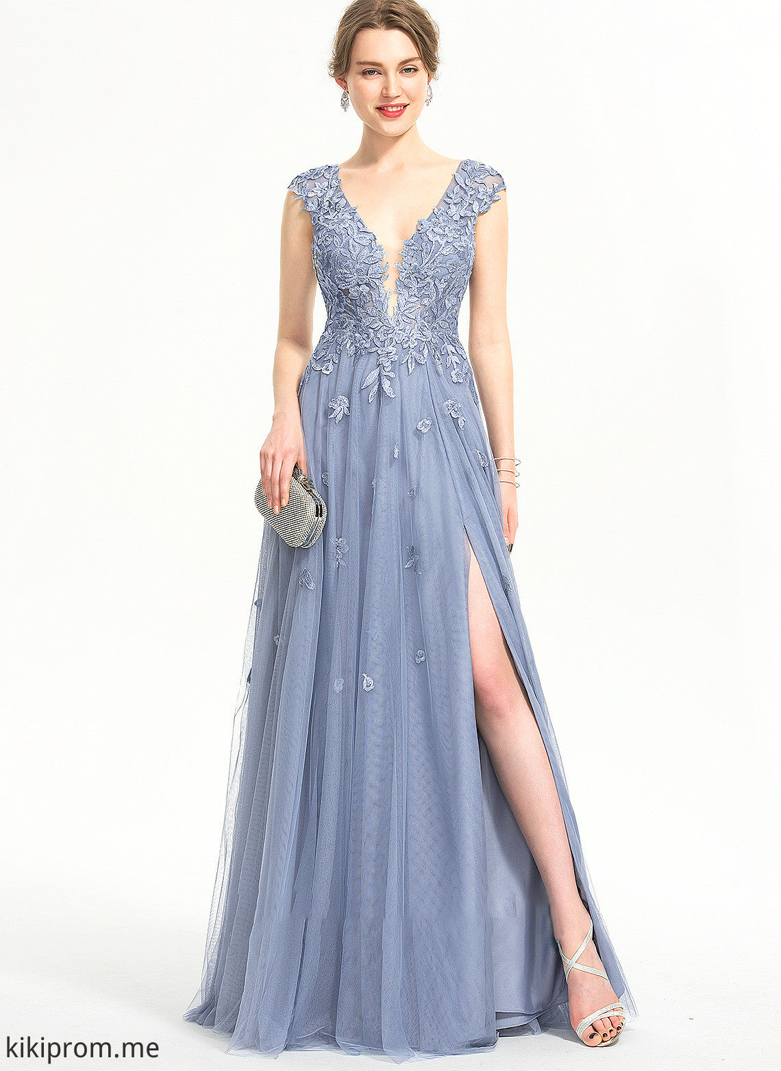 With V-neck Tulle Sequins A-Line Split Floor-Length Aniya Front Prom Dresses