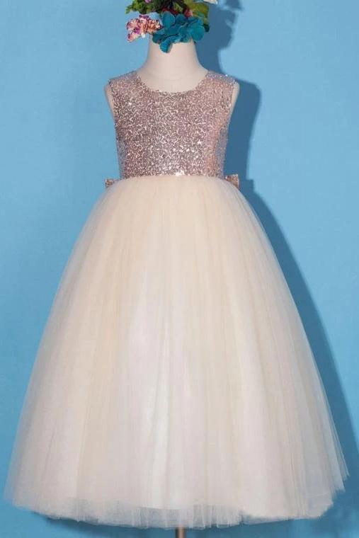 Princess Gold Sequin Shiny Round Neck Flower Girl Dresses with Bowknot, Baby Dresses STF15589