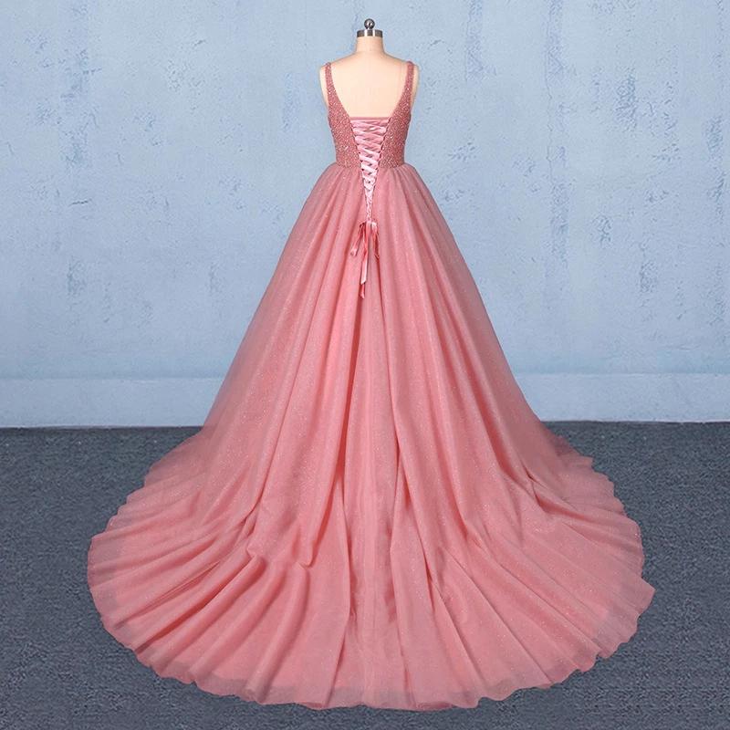 Ball Gown V Neck Tulle Prom Dress with Beads, Puffy Pink Sleeveless Quinceanera Dresses STF15074