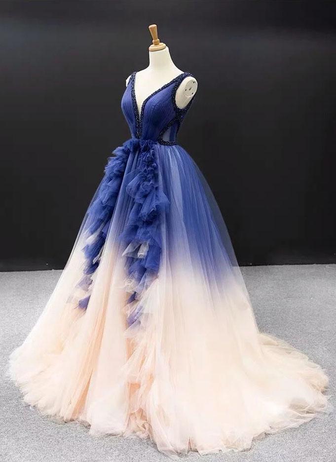 Ball Gown Ombre V Neck Tulle Royal Blue Long Prom Dresses, Quinceanera Dresses STF15067