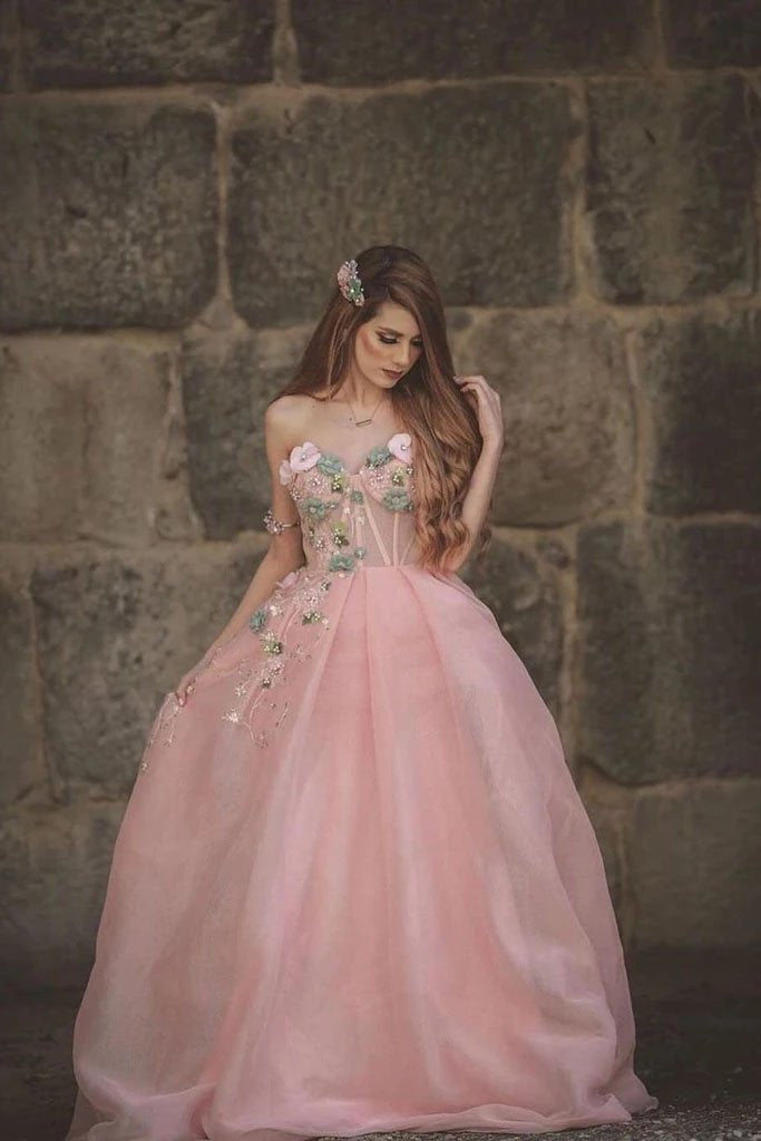 Princess Ball Gown Sweetheart Pink One Shoulder Prom Dresses, Quinceanera Dresses STF15296