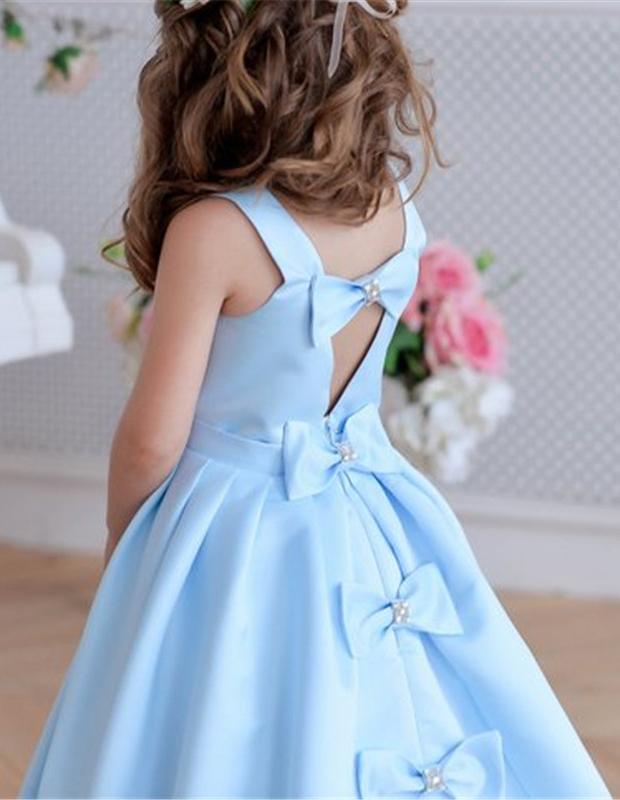 Princess A Line Sky Blue Satin Flower Girl Dresses with Bowknot, Baby Dresses STF15586