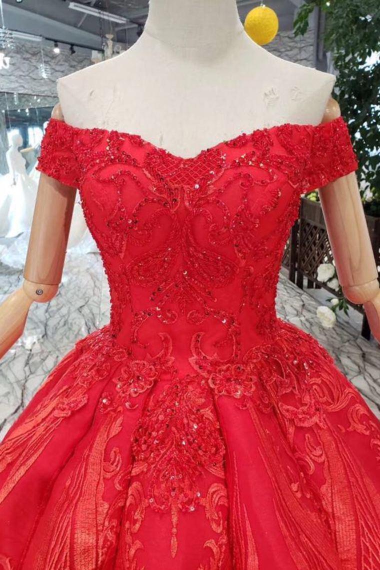 Red Off The Shoulder Lace Appliques Beads with Lace up Prom Dress Quinceanera Dresses