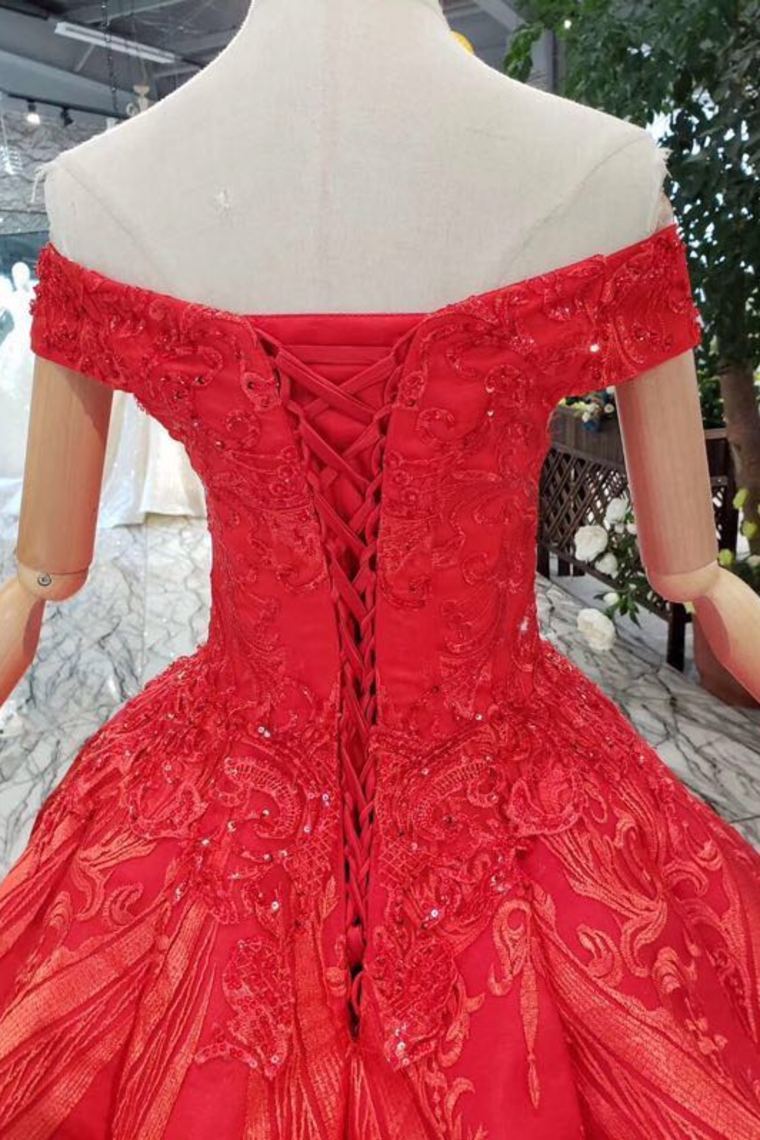 Red Off The Shoulder Lace Appliques Beads with Lace up Prom Dress Quinceanera Dresses