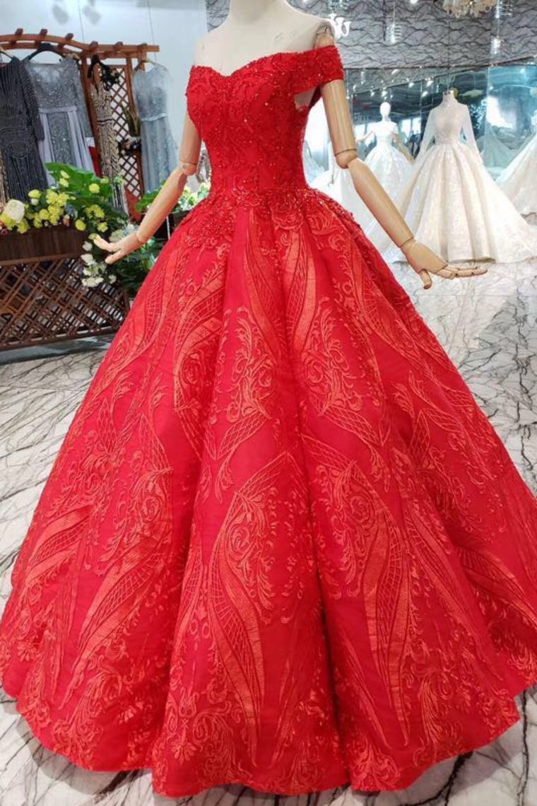 Red Off The Shoulder Lace Appliques Beads with Lace up Prom Dress Quinceanera Dresses