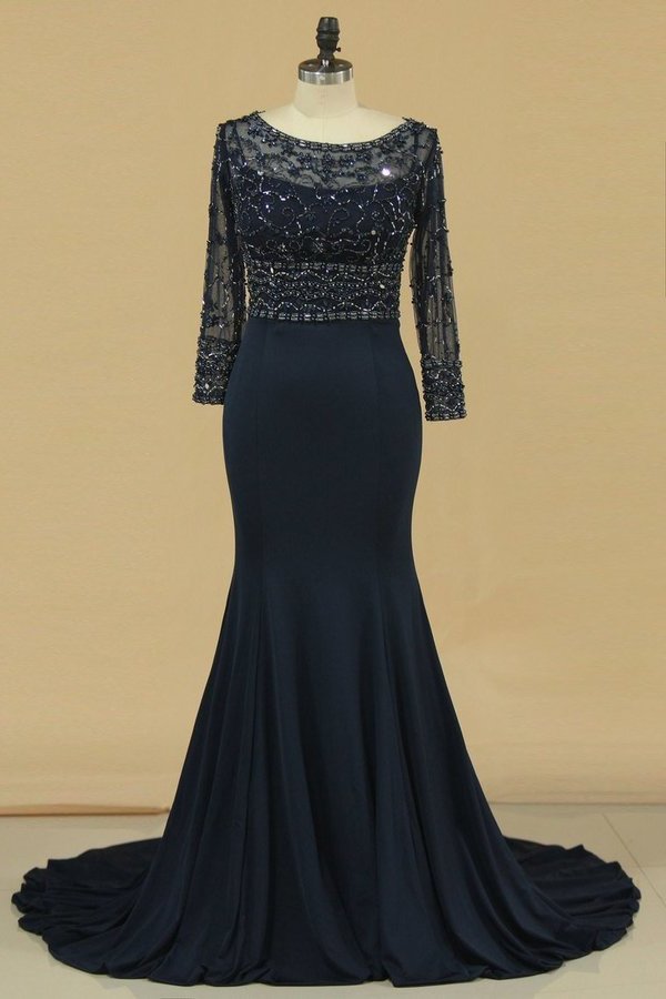 2024 Dark Navy Spandex Scoop 3/4 Length Sleeves Beaded Bodice Mother Of The Bride Dresses PT2LM85F