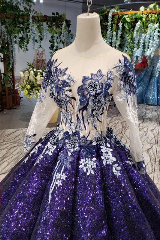 Ball Gown Ombre Sparkly Long Sleeve Sequins Prom Dresses, Quinceanera Dresses STF15066