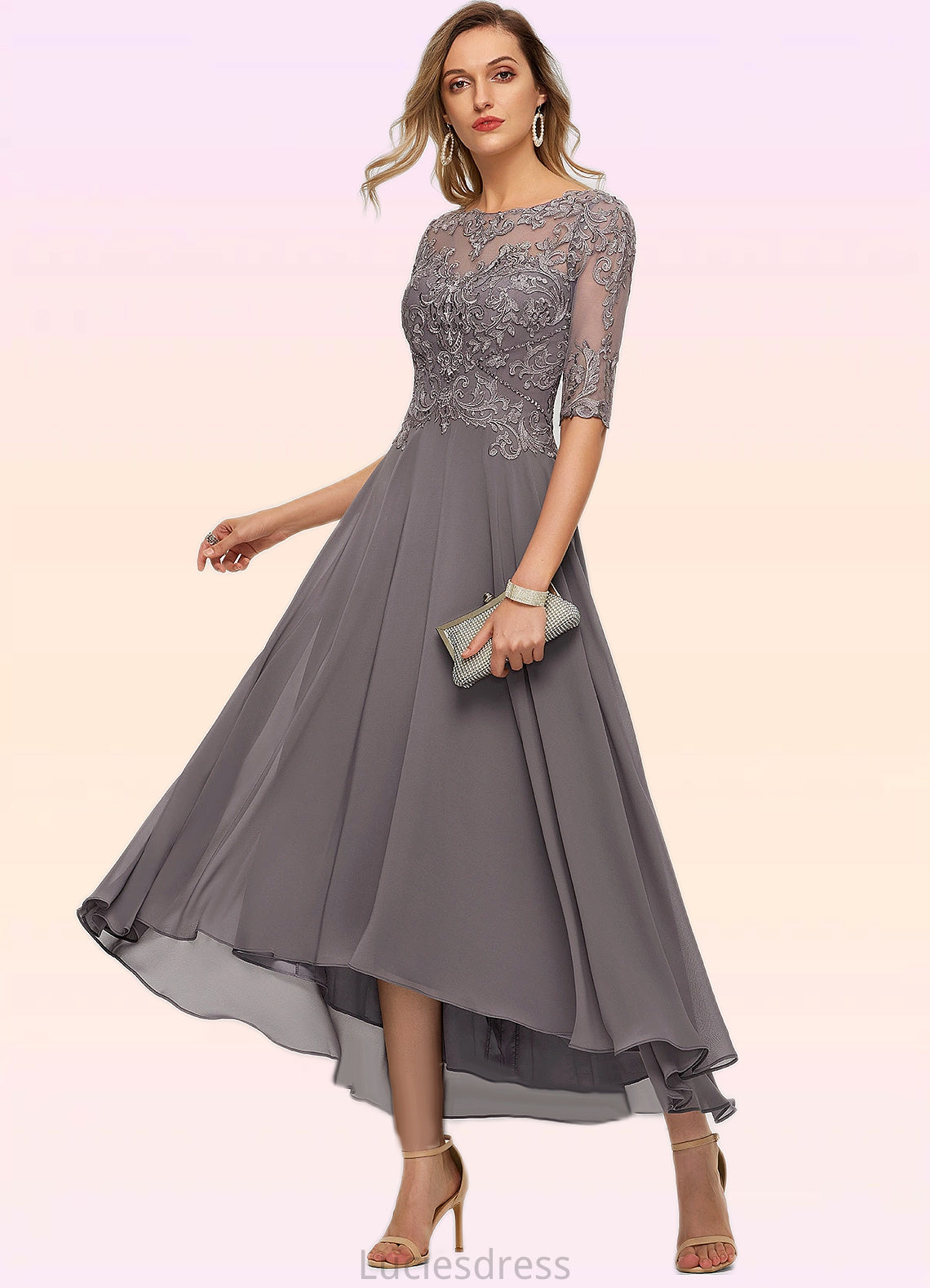 Nan A-line Boat Neck Illusion Asymmetrical Chiffon Lace Mother of the Bride Dress With Beading Sequins HFP0021629