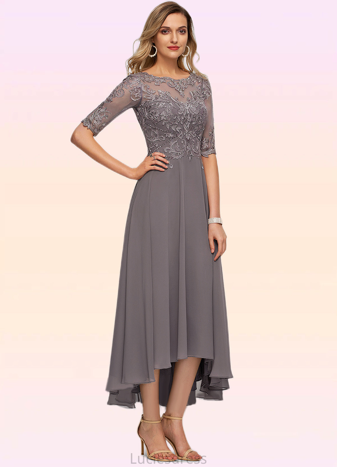 Nan A-line Boat Neck Illusion Asymmetrical Chiffon Lace Mother of the Bride Dress With Beading Sequins HFP0021629