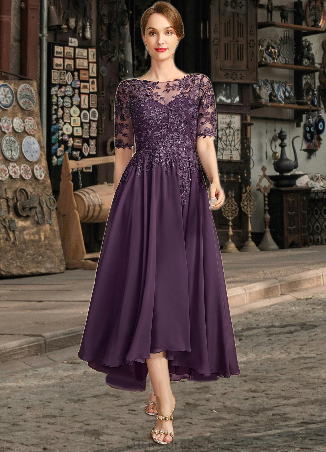 Savannah A-line Scoop Illusion Asymmetrical Chiffon Lace Mother of the Bride Dress With Sequins HFP0021630