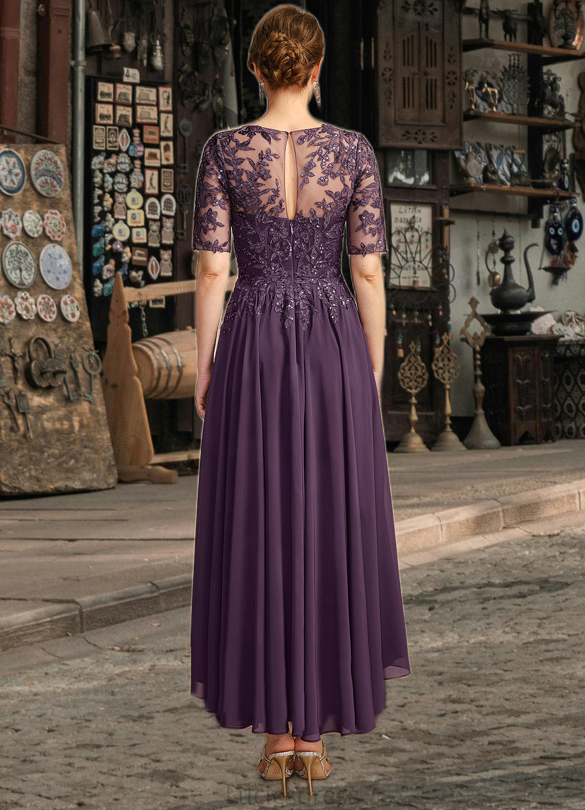 Savannah A-line Scoop Illusion Asymmetrical Chiffon Lace Mother of the Bride Dress With Sequins HFP0021630